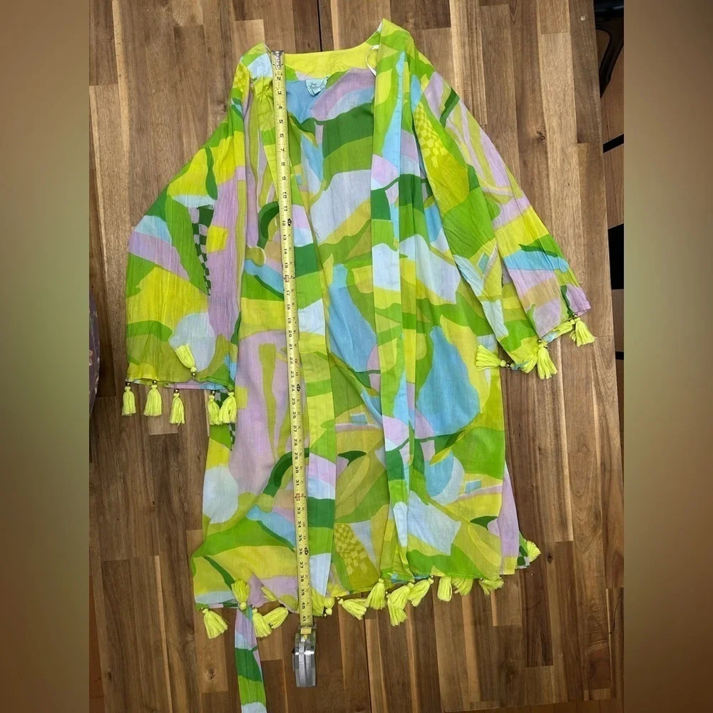True Destinations 100% Cotton Bright Printed Tassel Trim Cover Up Robe Belt Sz L